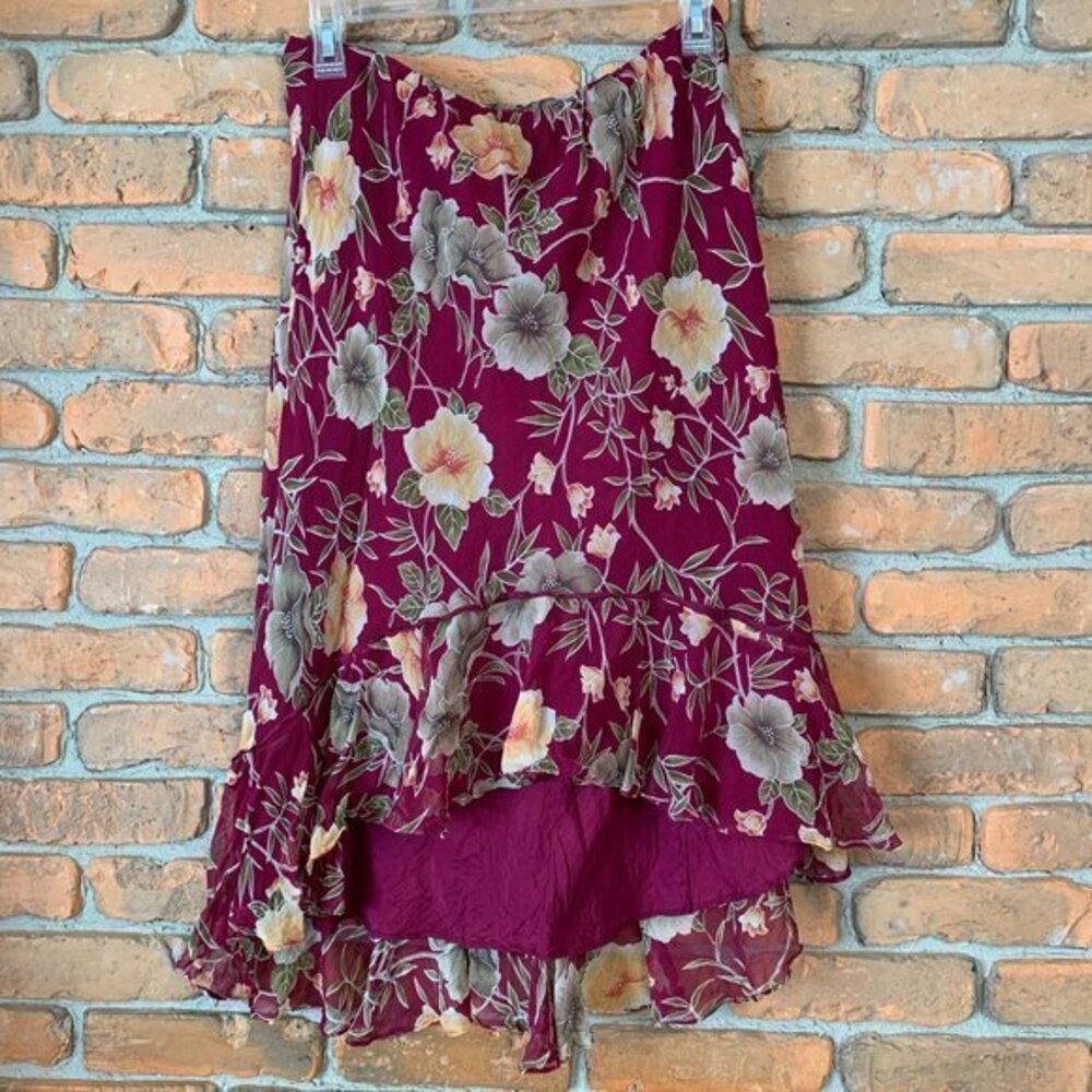 Robbie‎ Bee Petite Floral Ruffle Midi Skirt Burgundy Silk Women's Size 10P VTG